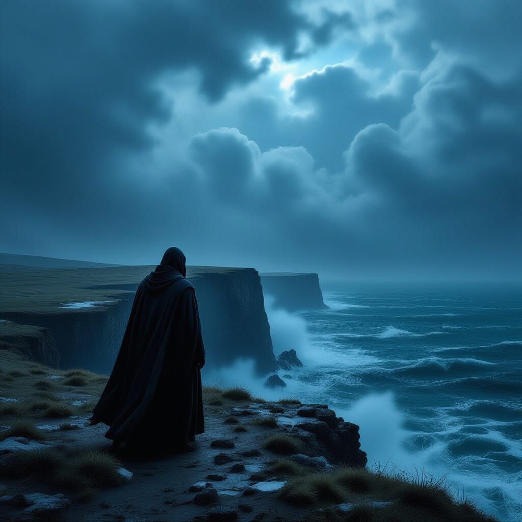 Man on Cliff Overlooking Stormy Sea