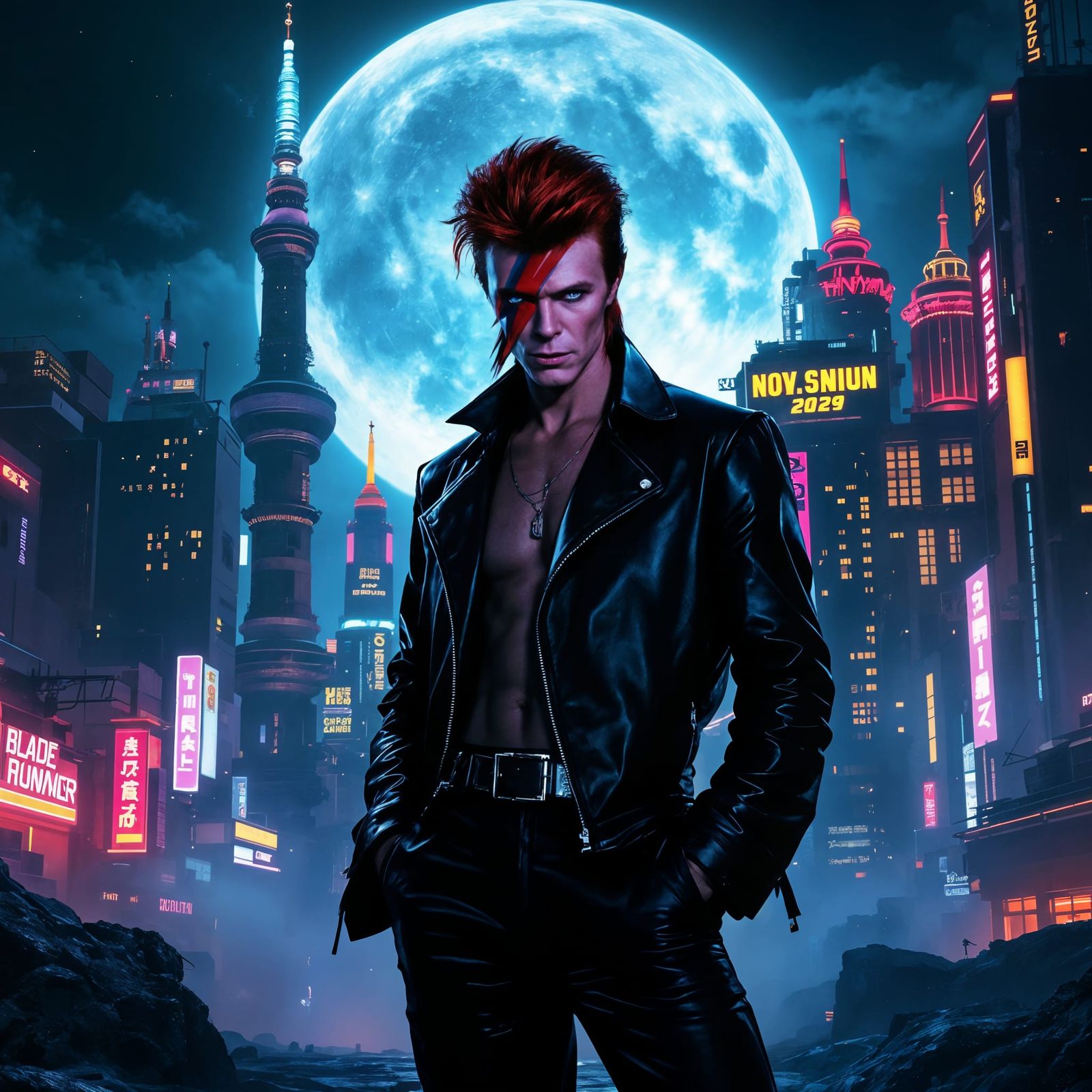 David Bowie Cyberpunk Portrait in Retro City