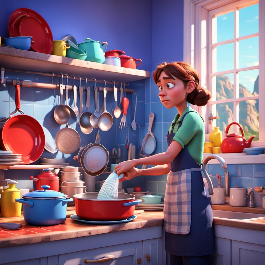 Sad Housewife Washing Dishes: 3D Digital Art