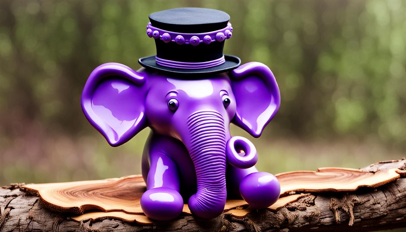 Purple Elephant with Mushroom Hat on Log