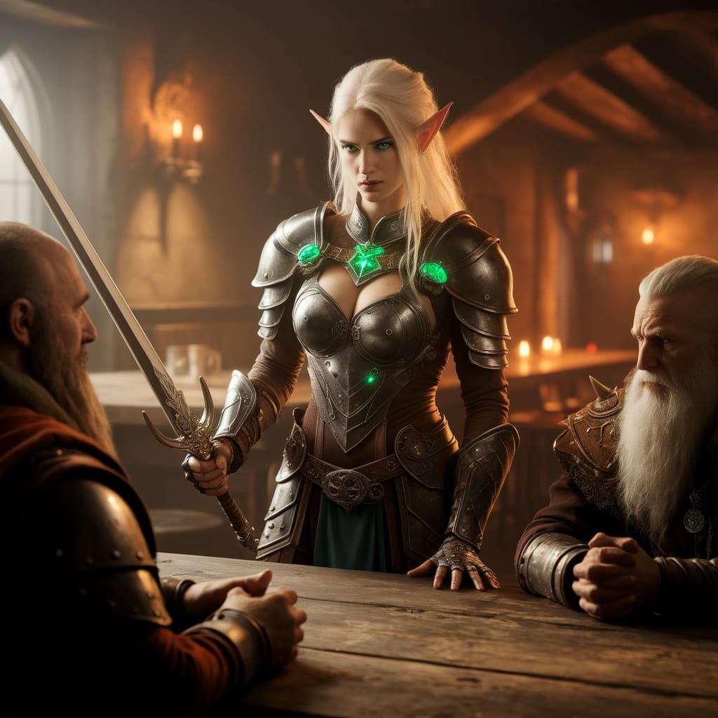 Elven Warrior Prepares for Dungeon Raid in Cozy Tavern