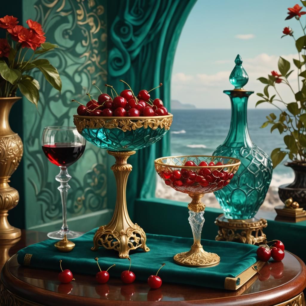 Art Nouveau Cherries Still Life with Bokeh