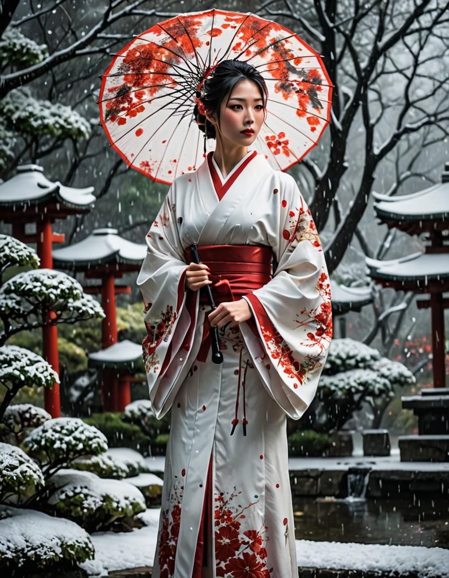 Bloody Kimono Girl in Snowy Japanese Garden