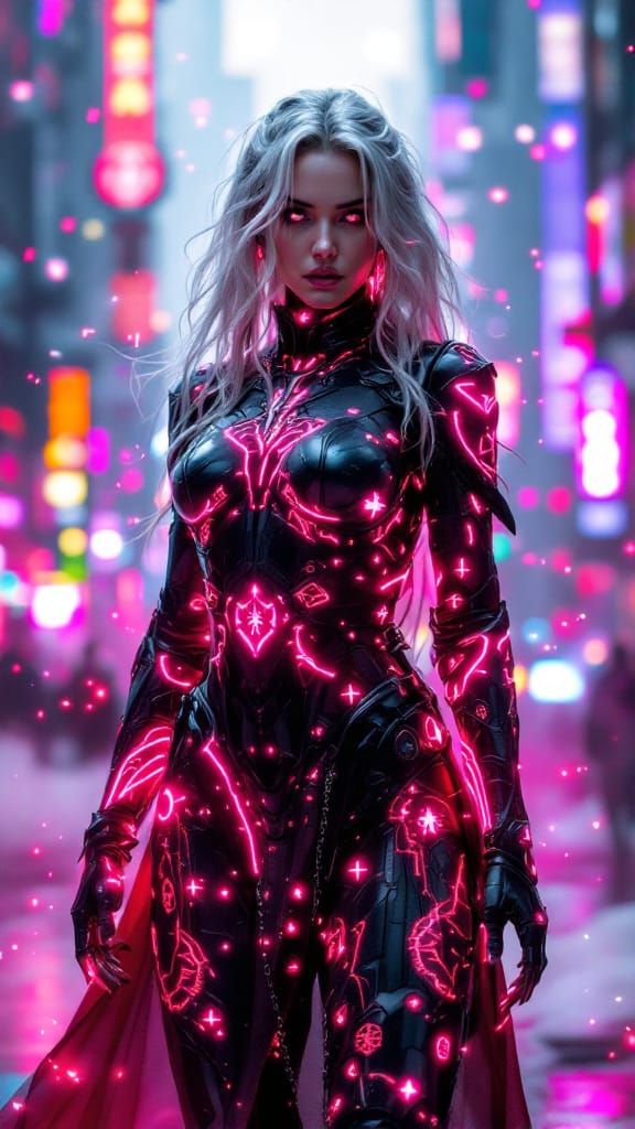 Cybernetic Goddess in Obsidian Armor with Neon Glyphs