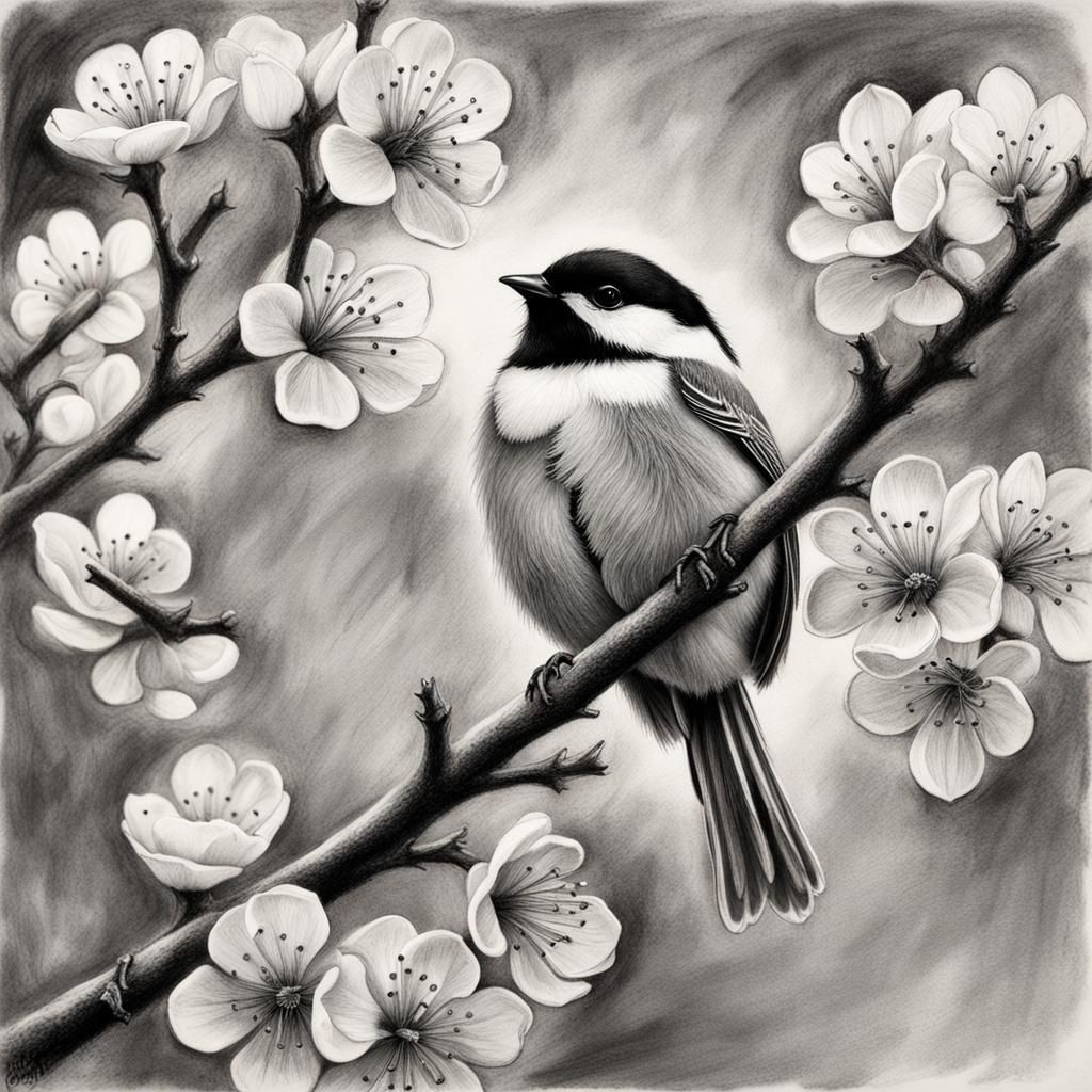 Chickadee on Cherry Blossom Tree: Charcoal Drawing