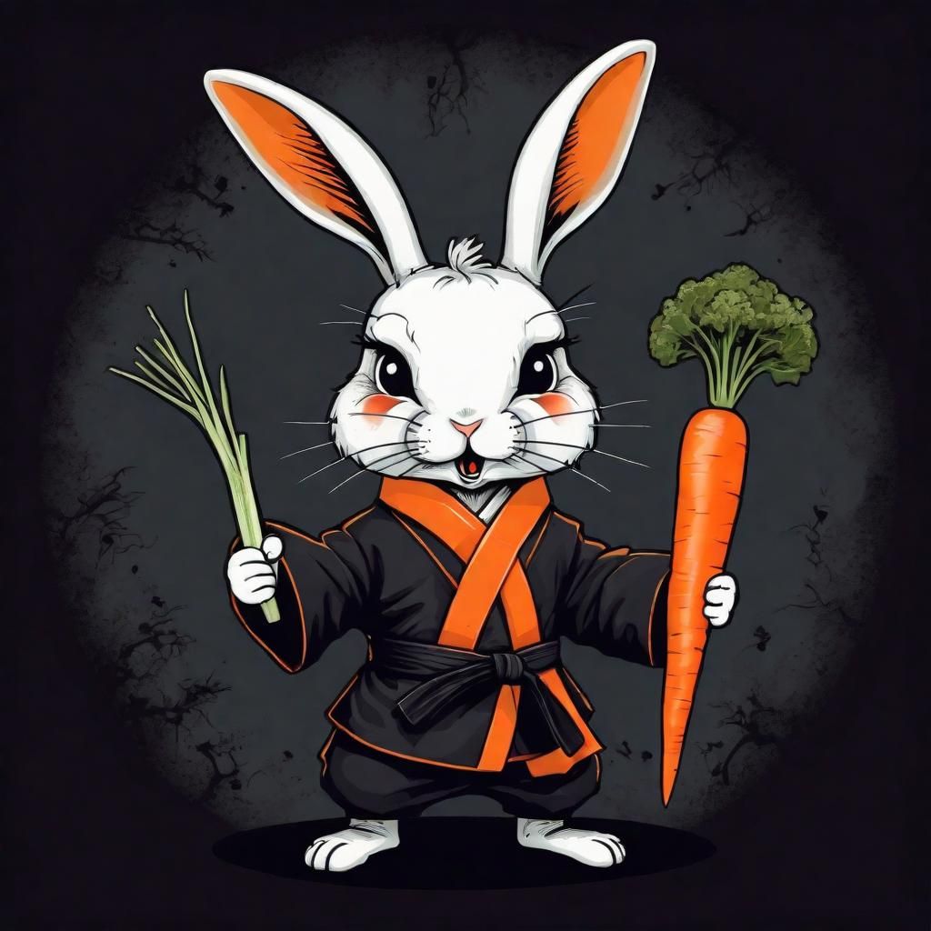 Adorable Karate Rabbit Chopping Carrot in Gothic Horror