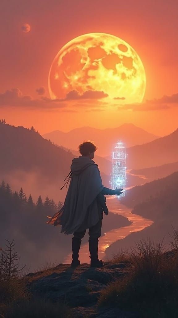 Epic Fantasy Scene with Two Suns and a Lonely Traveler