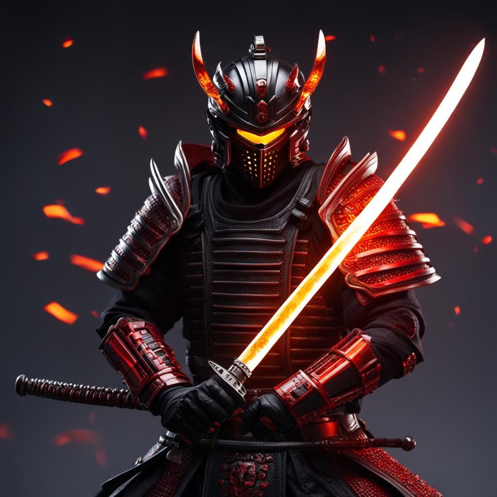 Cyber Samurai with Fire Katana in Cyberpunk Style
