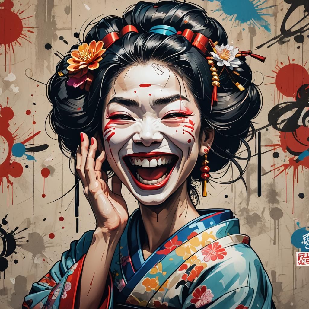 Laughing Geisha Caricature in Graffiti Street Art Style