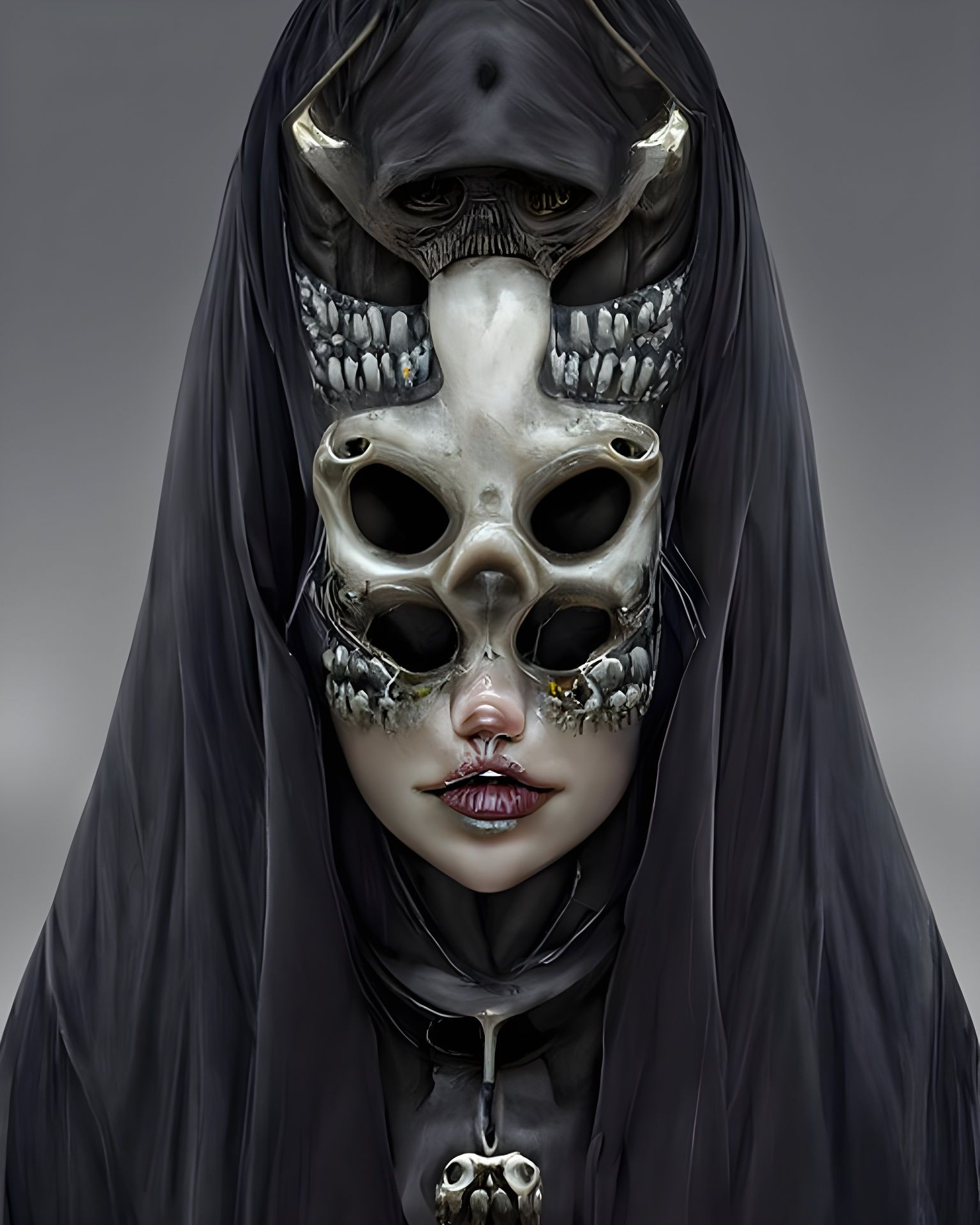 Sinister Nun in Alien Bone Mask: Digital Art