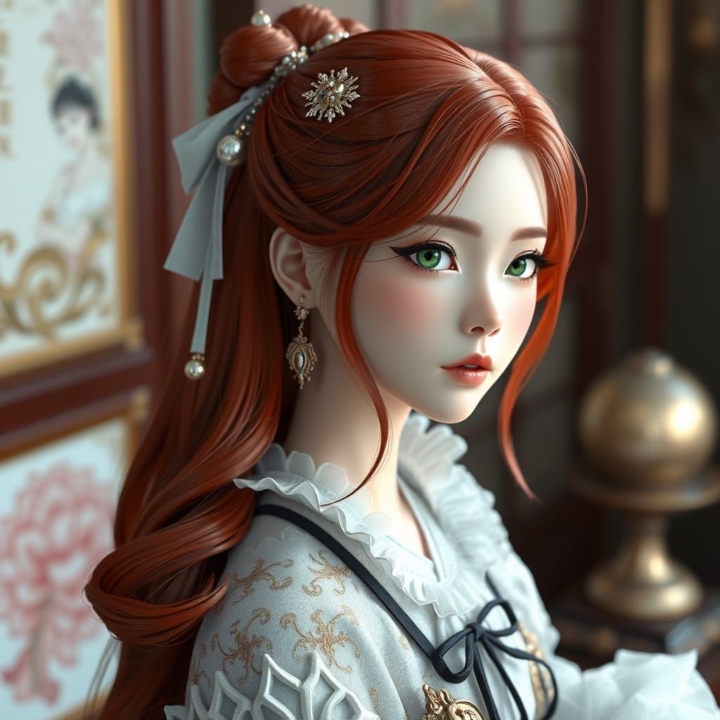 Gothic Princess with Red Hair and Green Eyes in Hyperrealist...