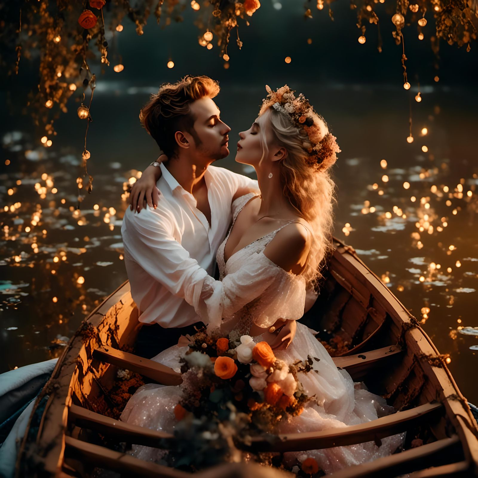 Lovers Kissing on Boat at Dusk in Purple Fantasy