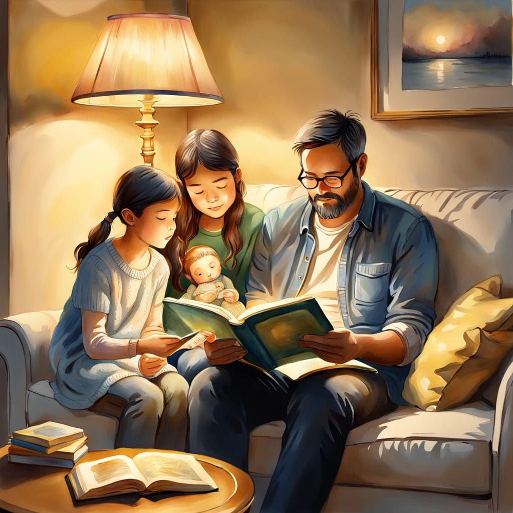 Warm Watercolor Portrait of Father Reading to Children