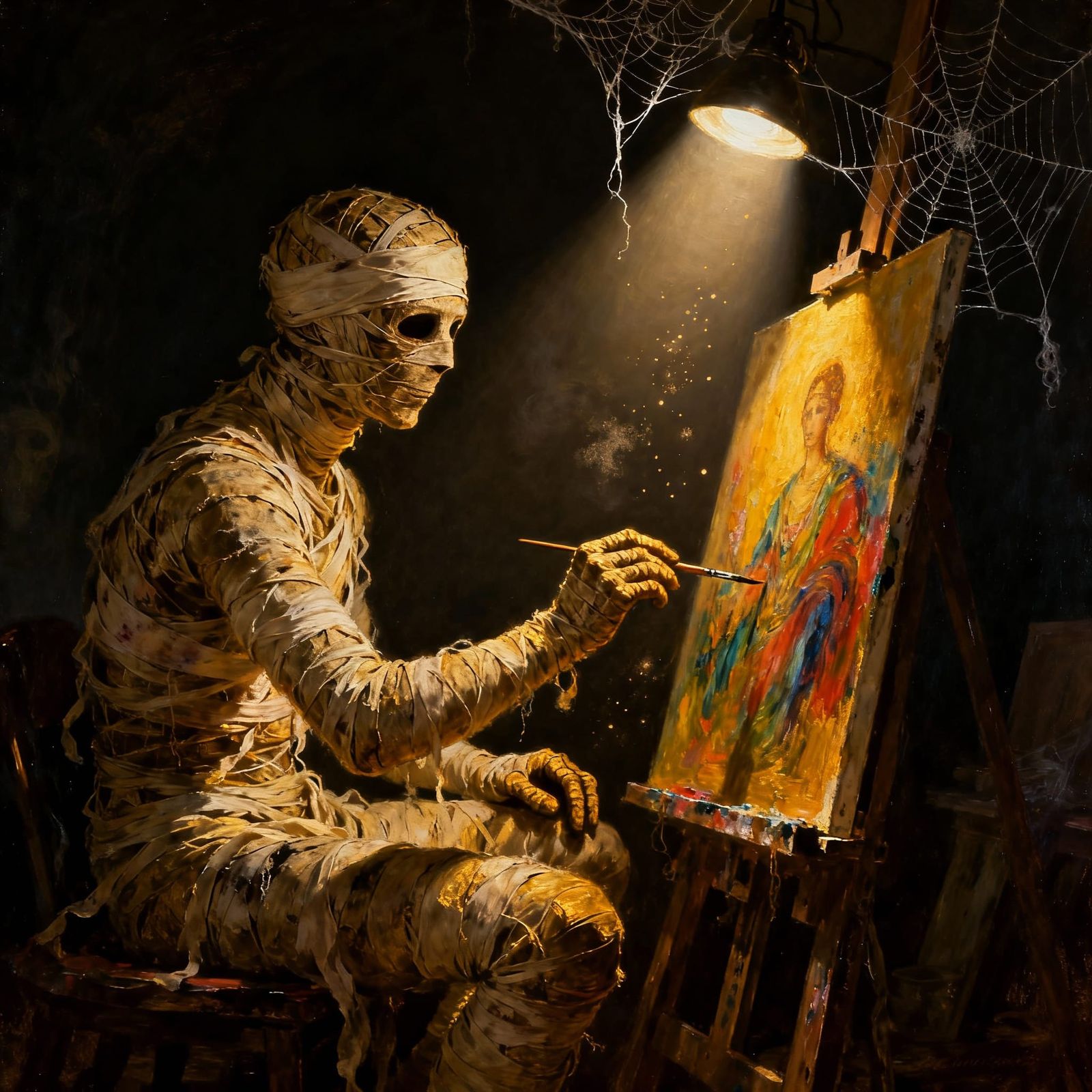 Mummy Artist Painting in Dramatic Chiaroscuro Studio