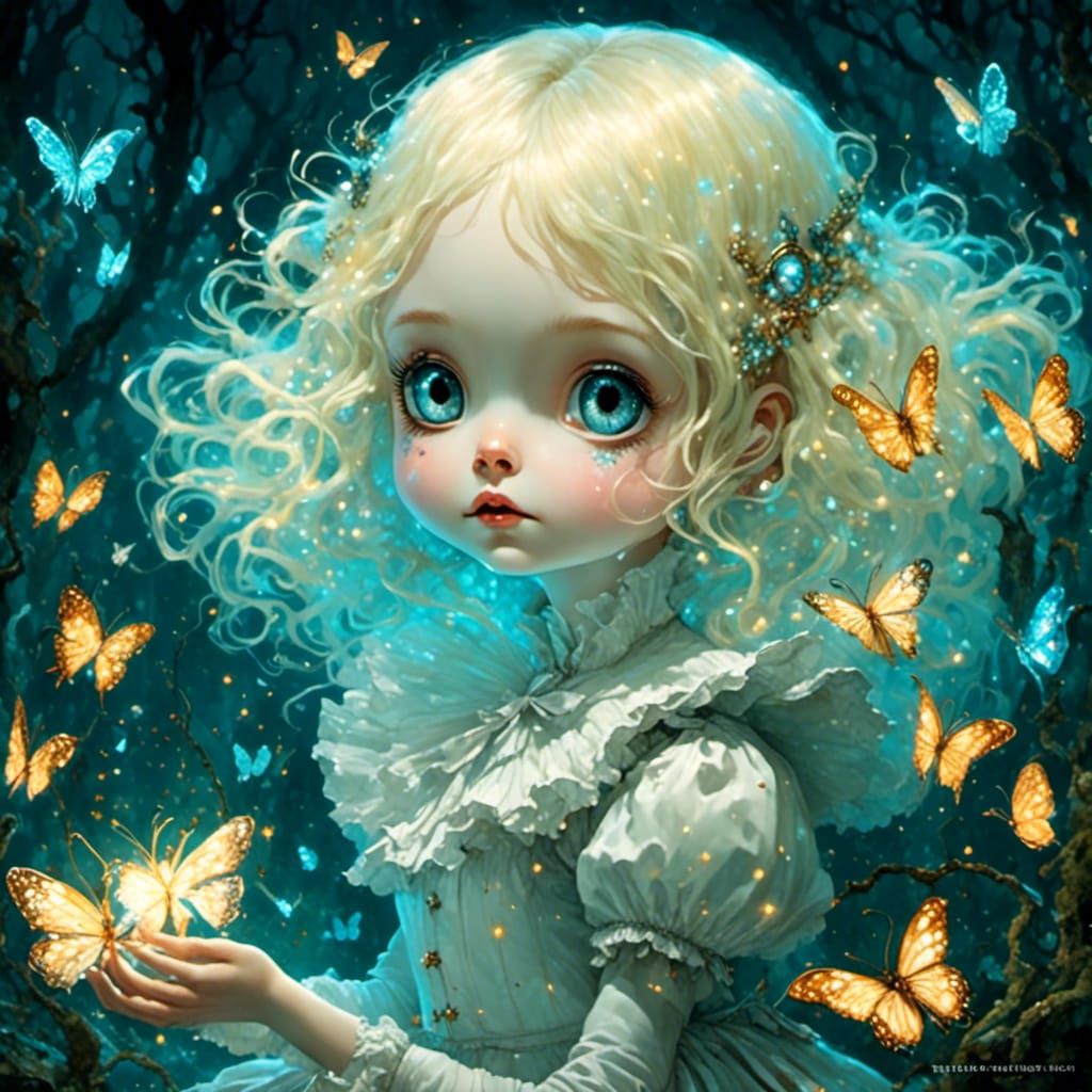 Bioluminescent Alice Reaching into Mirror Reflection