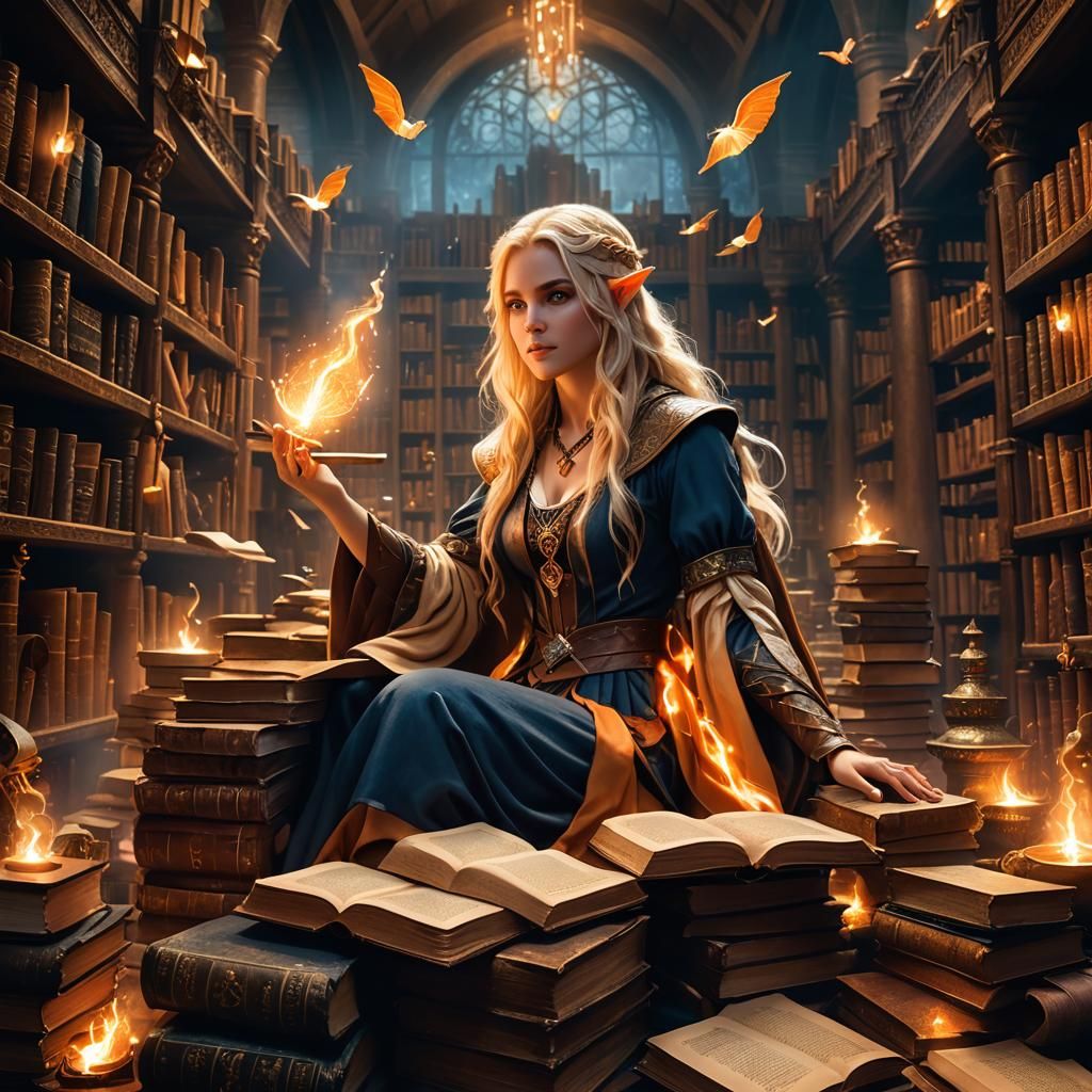 Half-Elf Wizard in Magical Library: Fantasy Art