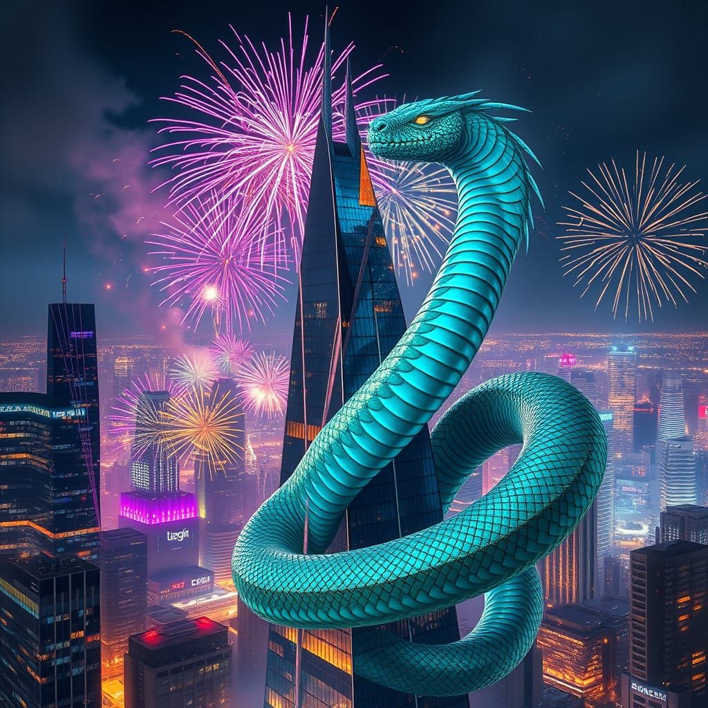 A massive serpent coils around a towering skyscraper