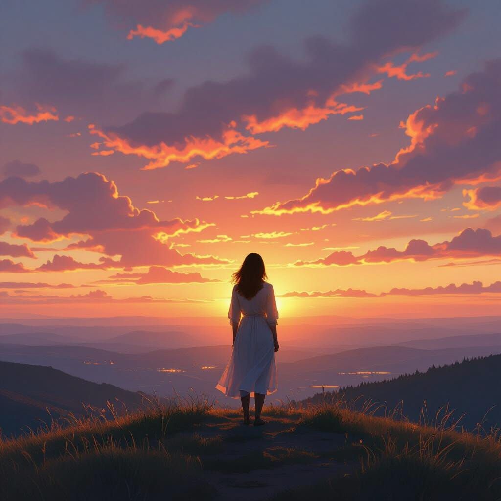 Woman Observes Breathtaking Sunset in Digital Art Style