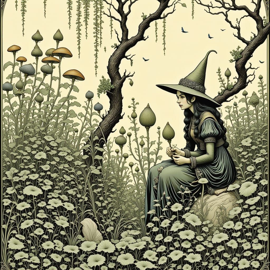 Mysterious Herb Witch in Enchanted Garden