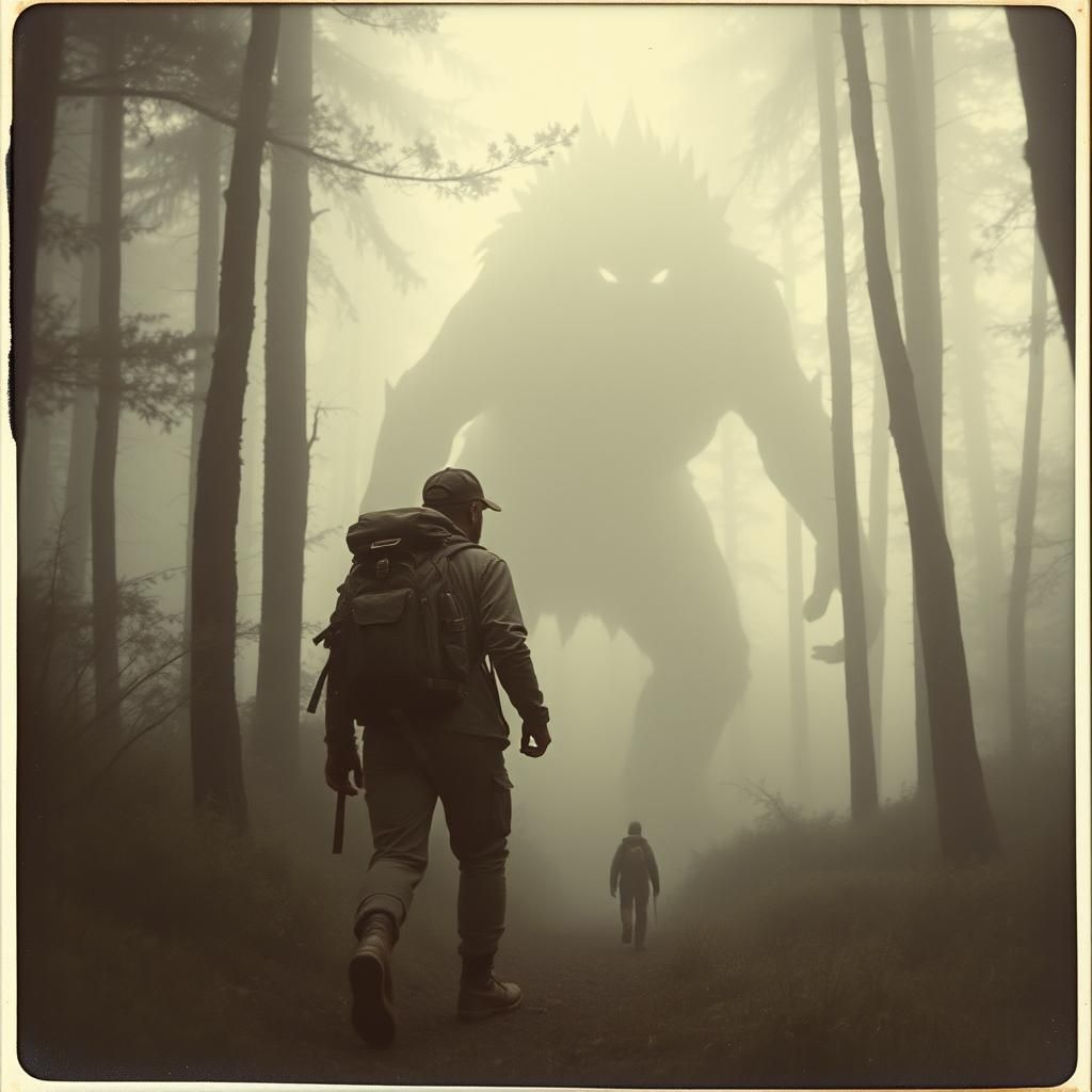 Hiker Photobombed by Forest Monster, Dreamlike Cinematic Art
