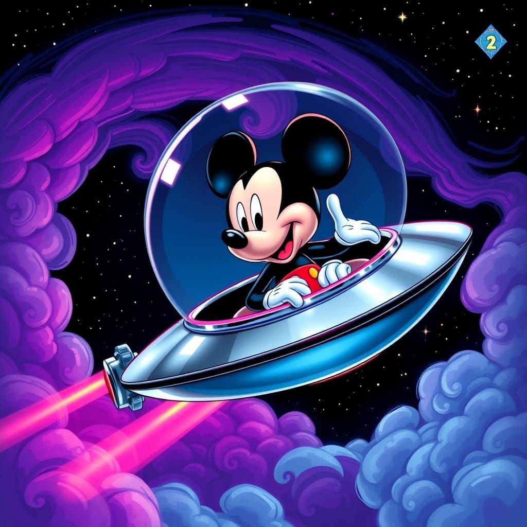 Retro-Futuristic UFO Encounter with Mickey Mouse