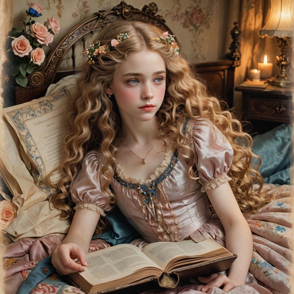 Ethereal Girl Reading by Firelight, Art Nouveau Style