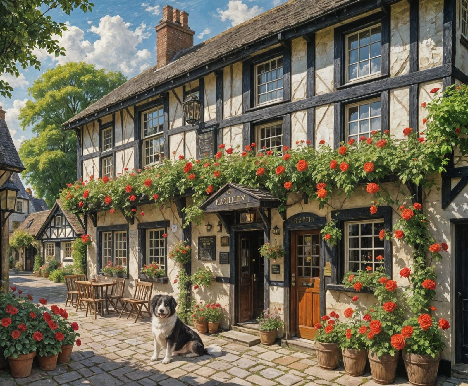 English Pub in Summer with Roses, Oil Painting