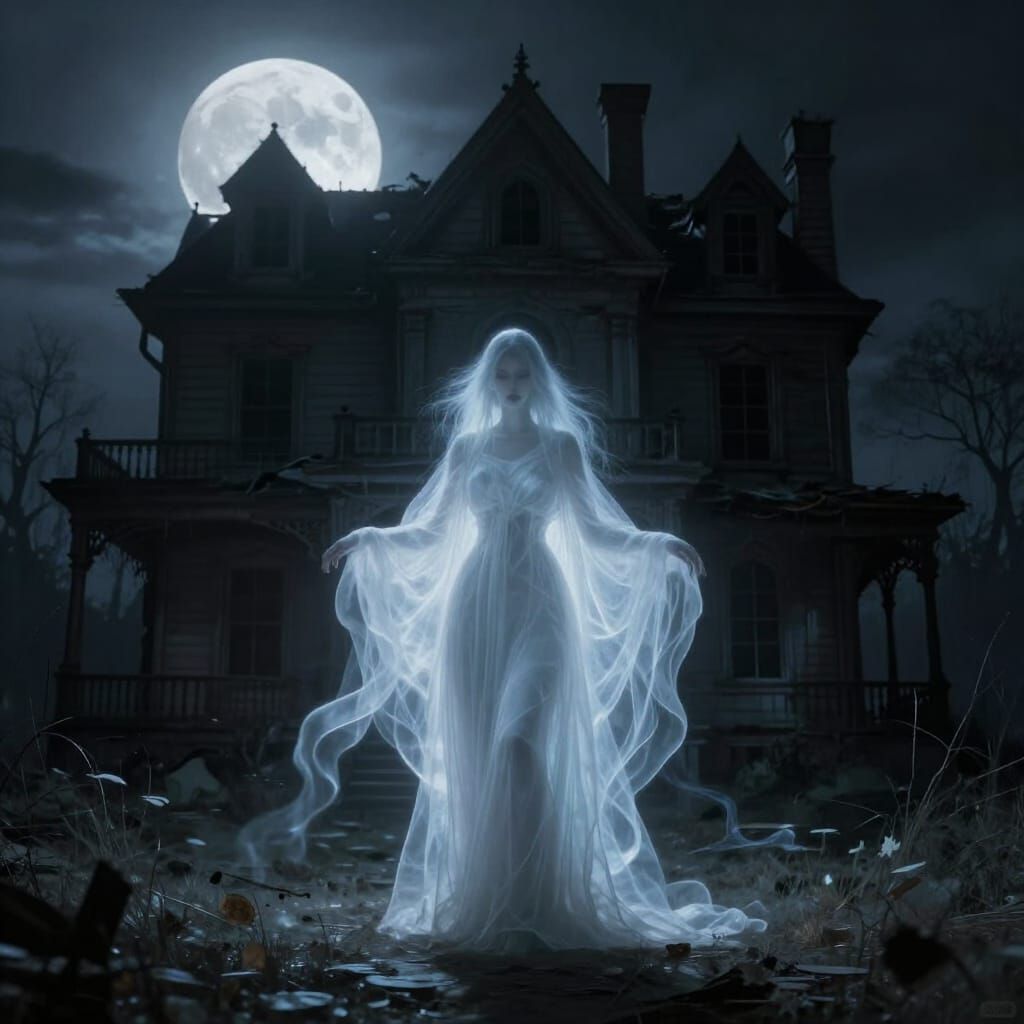 Ghostly Woman Haunts Victorian House Under Full Moon