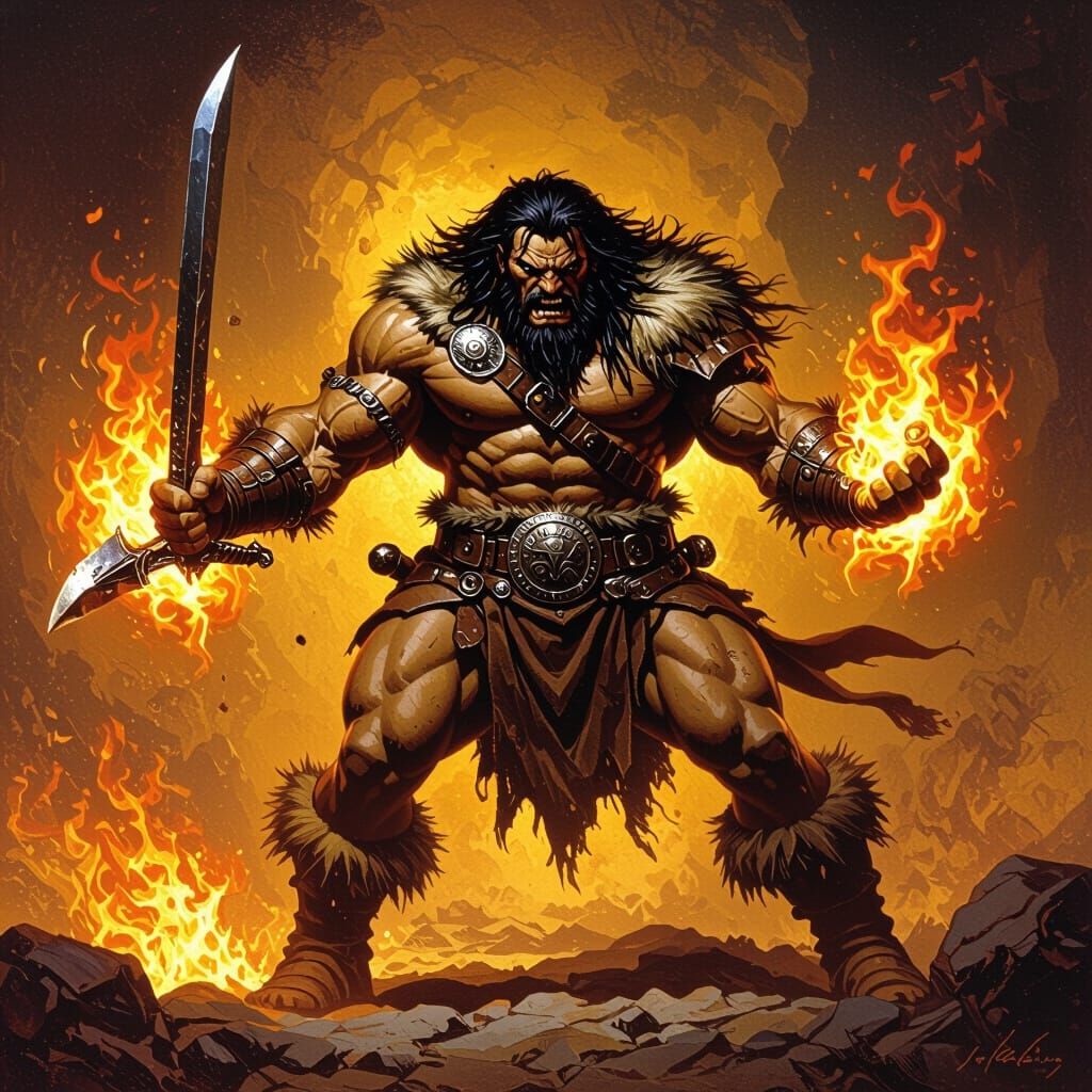 Fiery Barbarian Warrior in Dramatic Fantasy Art