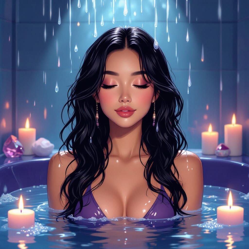 Serene Spa Scene: Asian Woman Relaxing in Art Nouveau Style