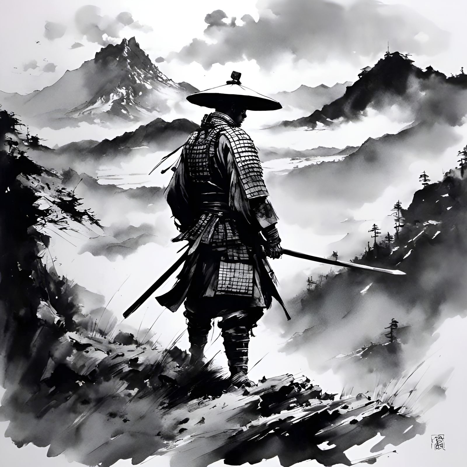 Samurai Ink Drawing on Battlefield with Mountains
