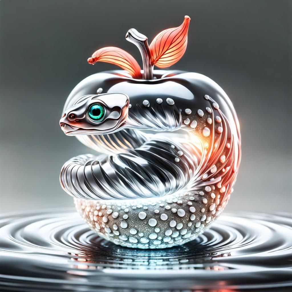 Crystal Apple with Snake: Hyperrealistic Macro Image