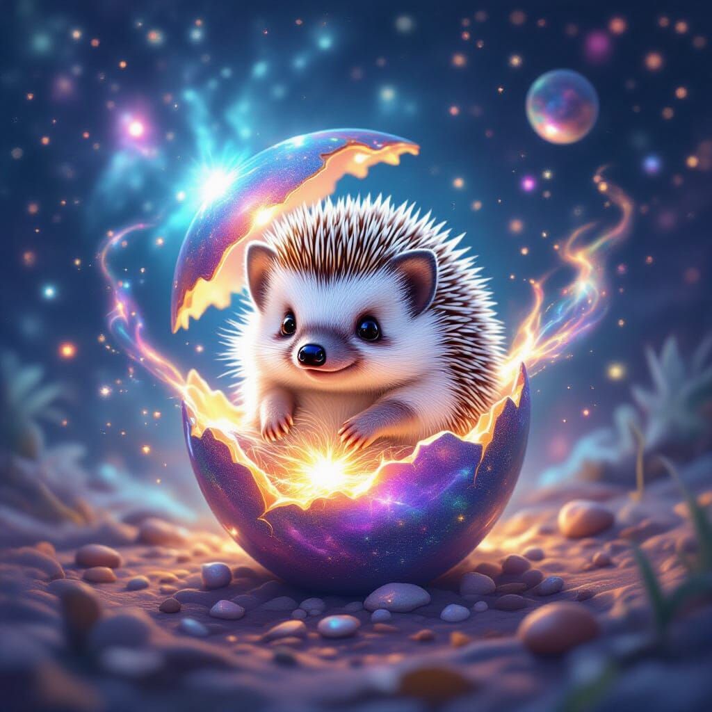 Baby Hedgehog Emerges From Cosmic Egg