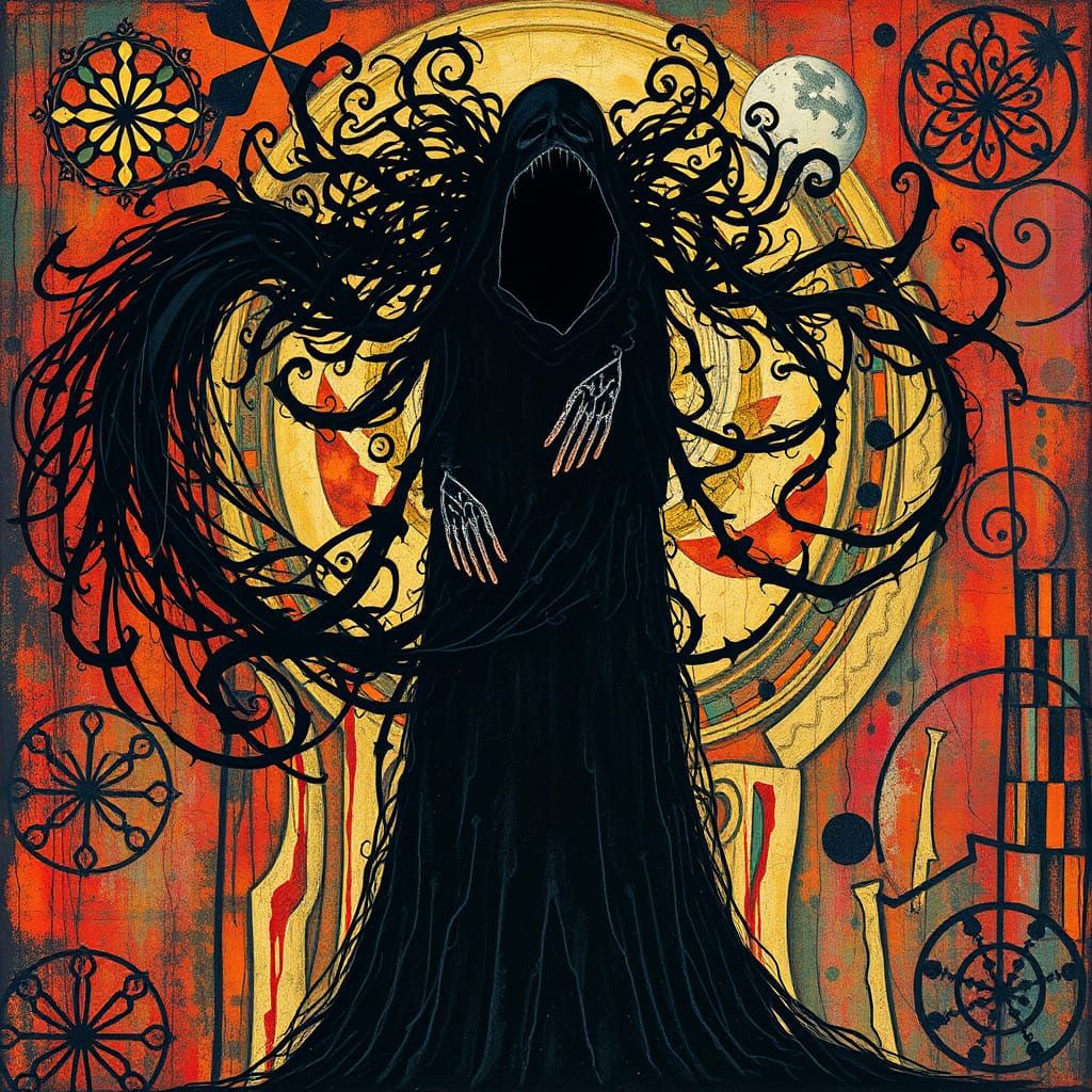 the darkness spills out of me. art Brut Tim Burton gouache Splash art mixed media filigree fractal impasto brocade quill...