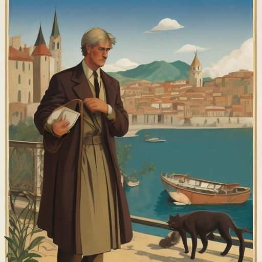 Vintage Travel Poster with Cat in Cubist Style