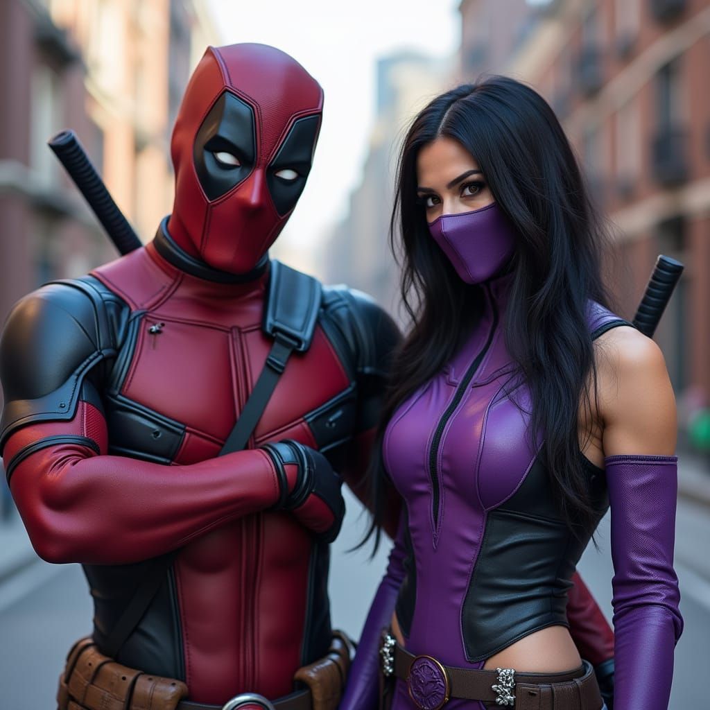 Deadpool and Mileena in a Cyberpunk Cityscape