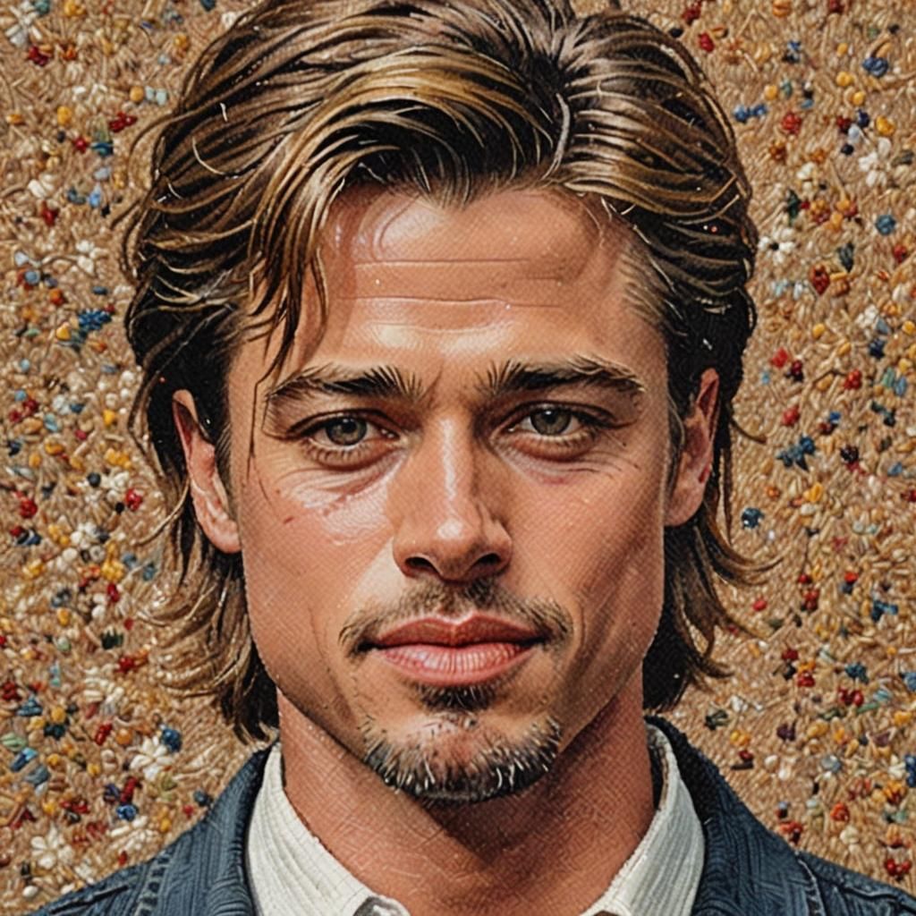 Young Brad Pitt Portrait in Needlepoint Style