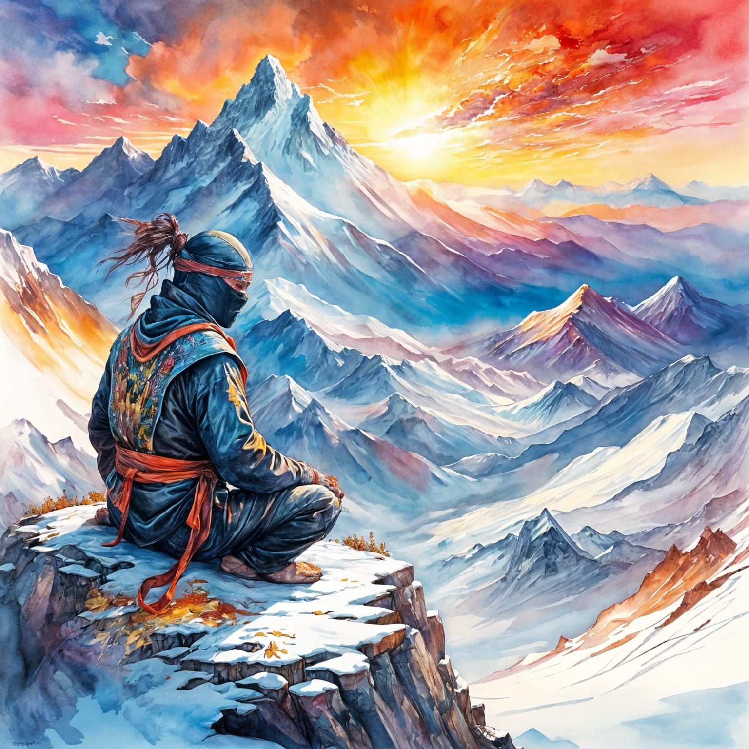Ninja Meditating on Snowy Peak at Sunrise