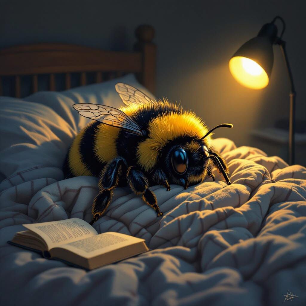 Giant Bumblebee Asleep in Bed with Flashlight