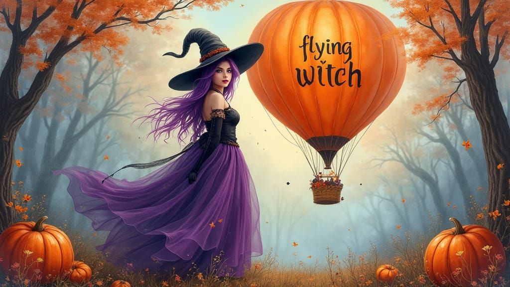 Woman in Chiffon Gown with Purple Hair Under Hot Air Balloon