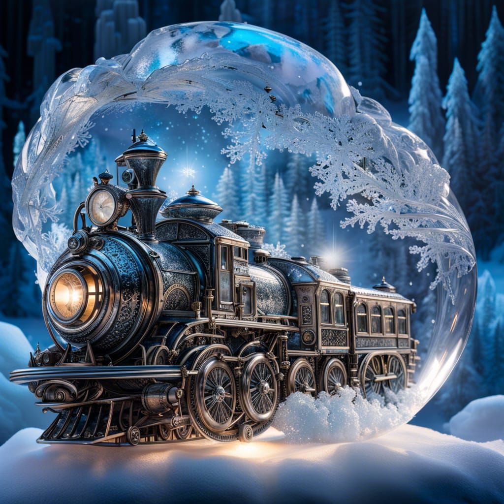 Magical Glass Steampunk Train in Winter Dreamscape