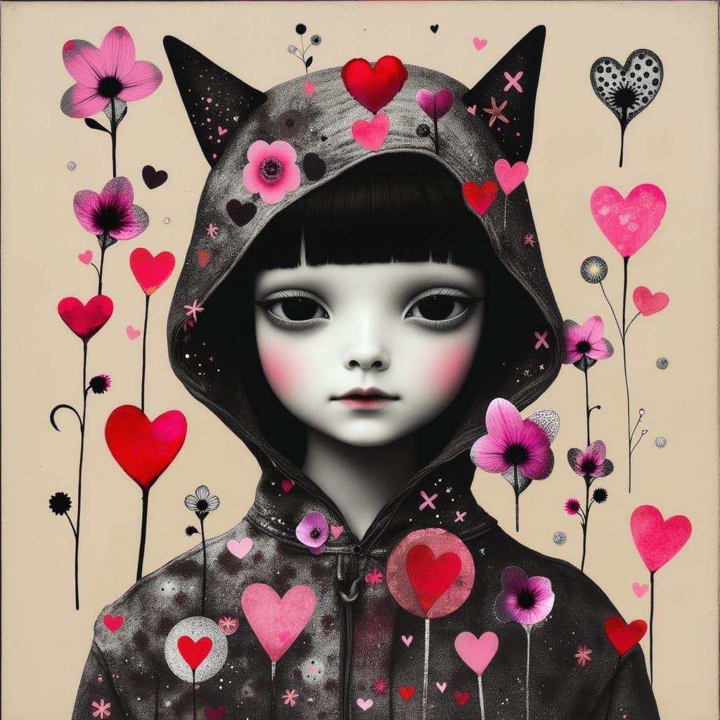 Melancholy Woman in Cat Onesie, Abstract Collage