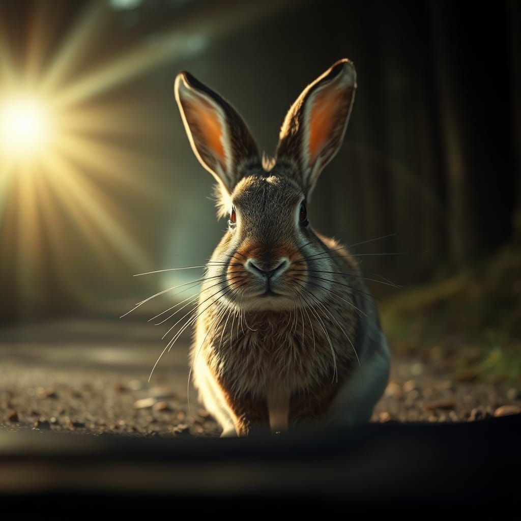 Hyperrealistic Rabbit in Headlights, Cinematic HDR