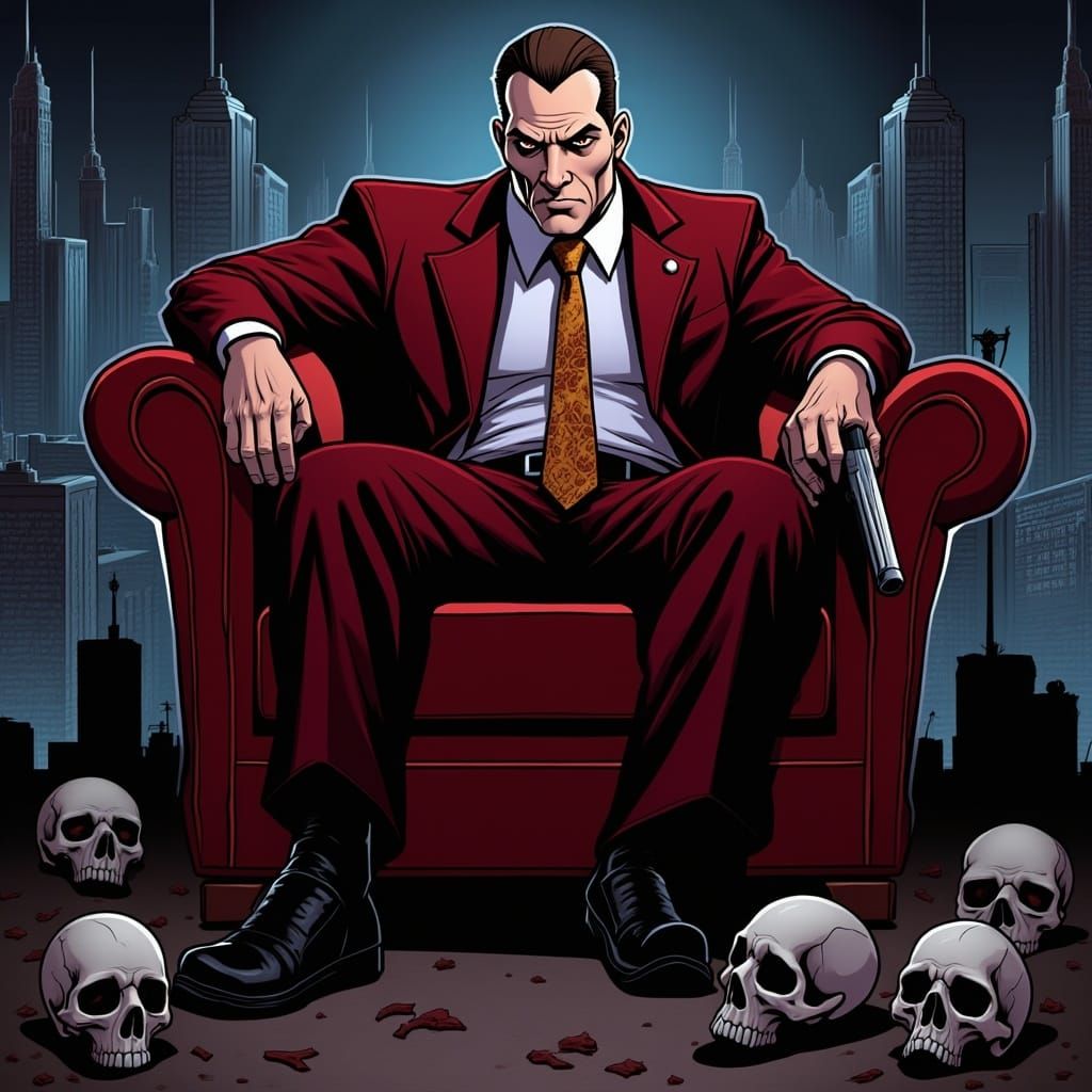 Man in Red Suit Contemplates City in Digital Art