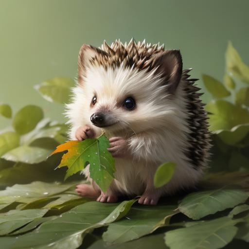 Watercolor Baby Hedgehog Playing in Autumn Leaves