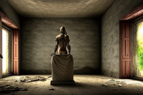Mysterious Statue in Abandoned House, Photorealistic Oil Pai...
