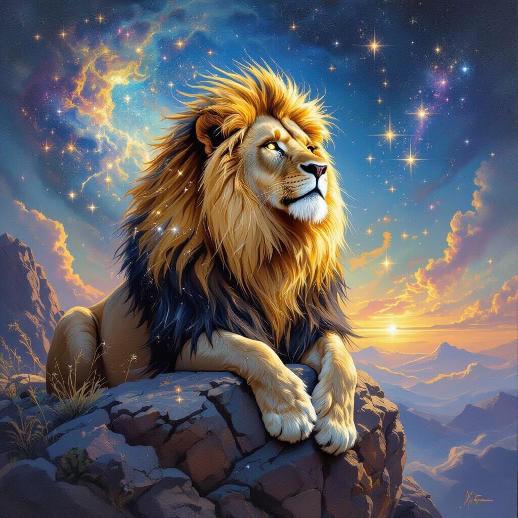 Cosmic Lion Overlooking Nebula in Oil Painting Style