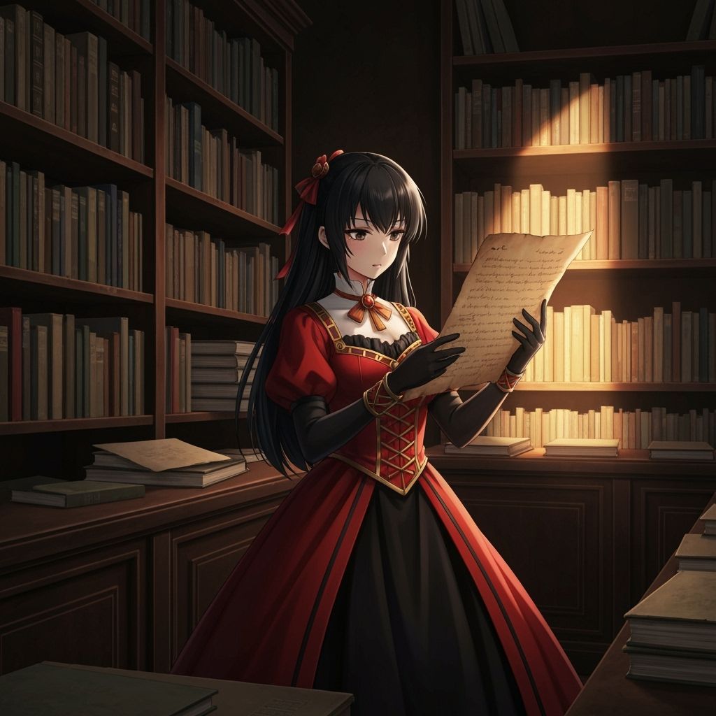 Anime Girl in Red Amidst Antique Books