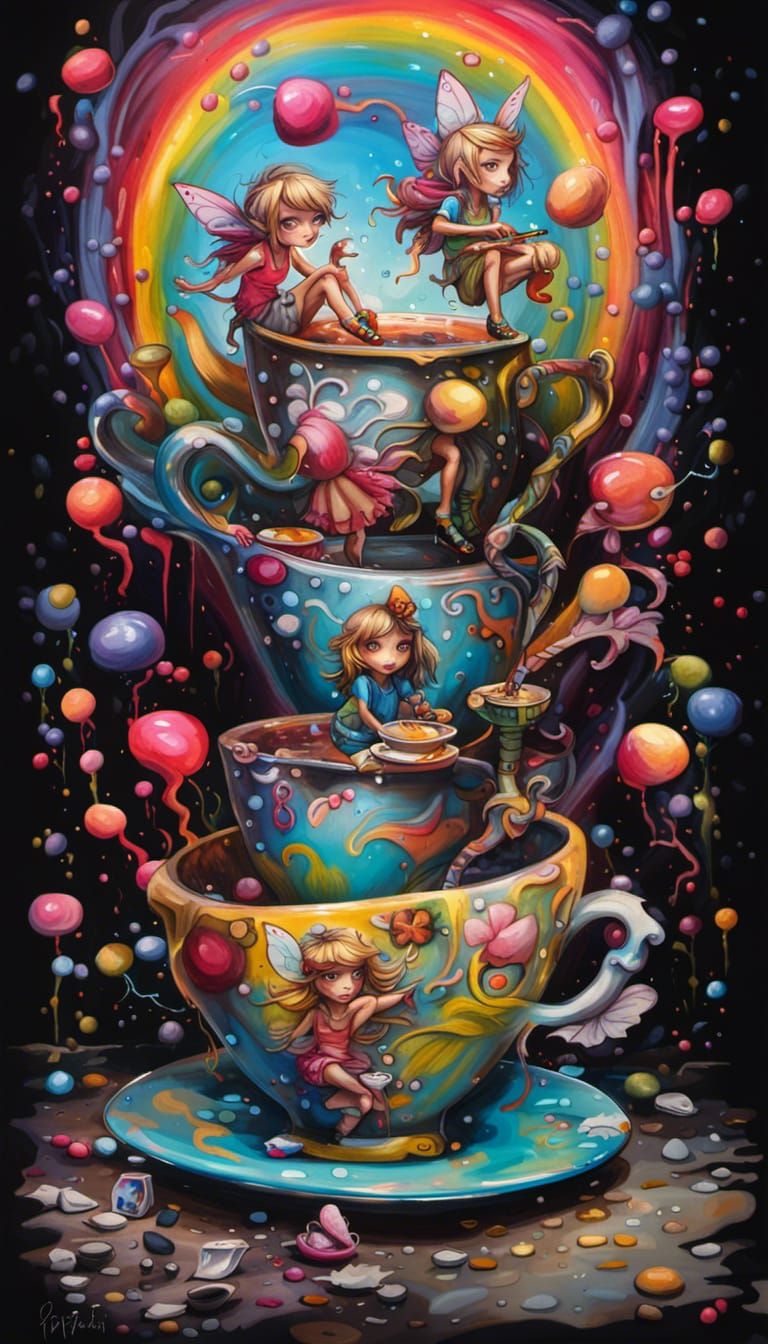 Whimsical Tea Cup Fairies in Graffiti Art Style