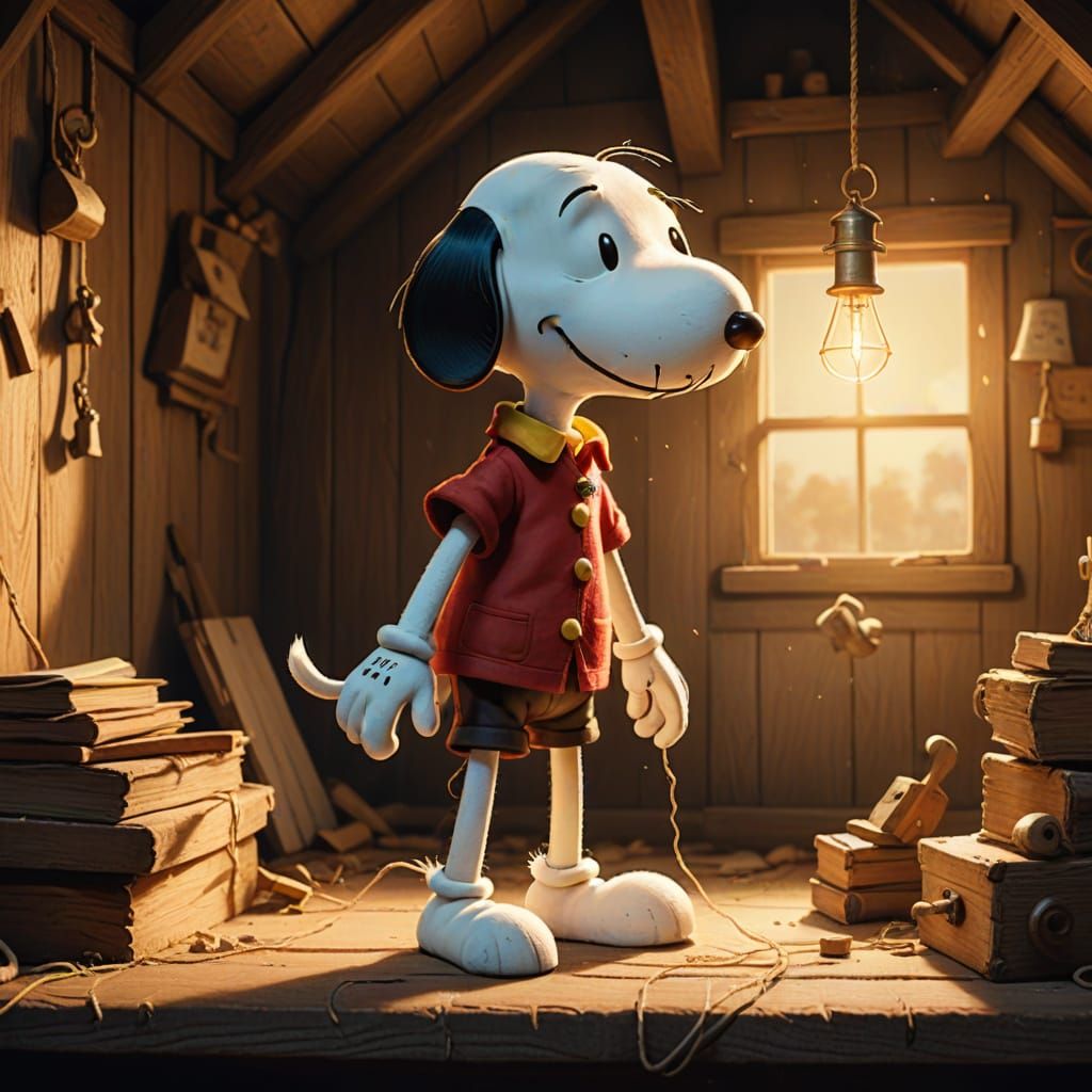 Snoopy as Pinocchio Wooden Puppet in Dusty Attic